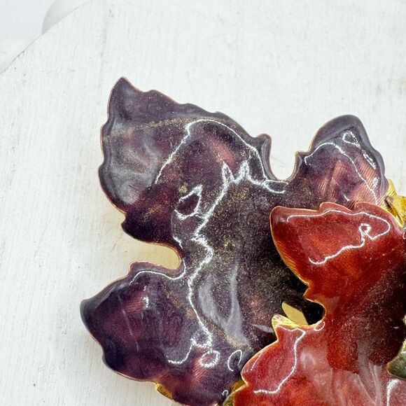 Fall Leaf Cluster Brooch Pin Swirled Enamel Purple Red Green Autumn Large Gold - Picture 5 of 7